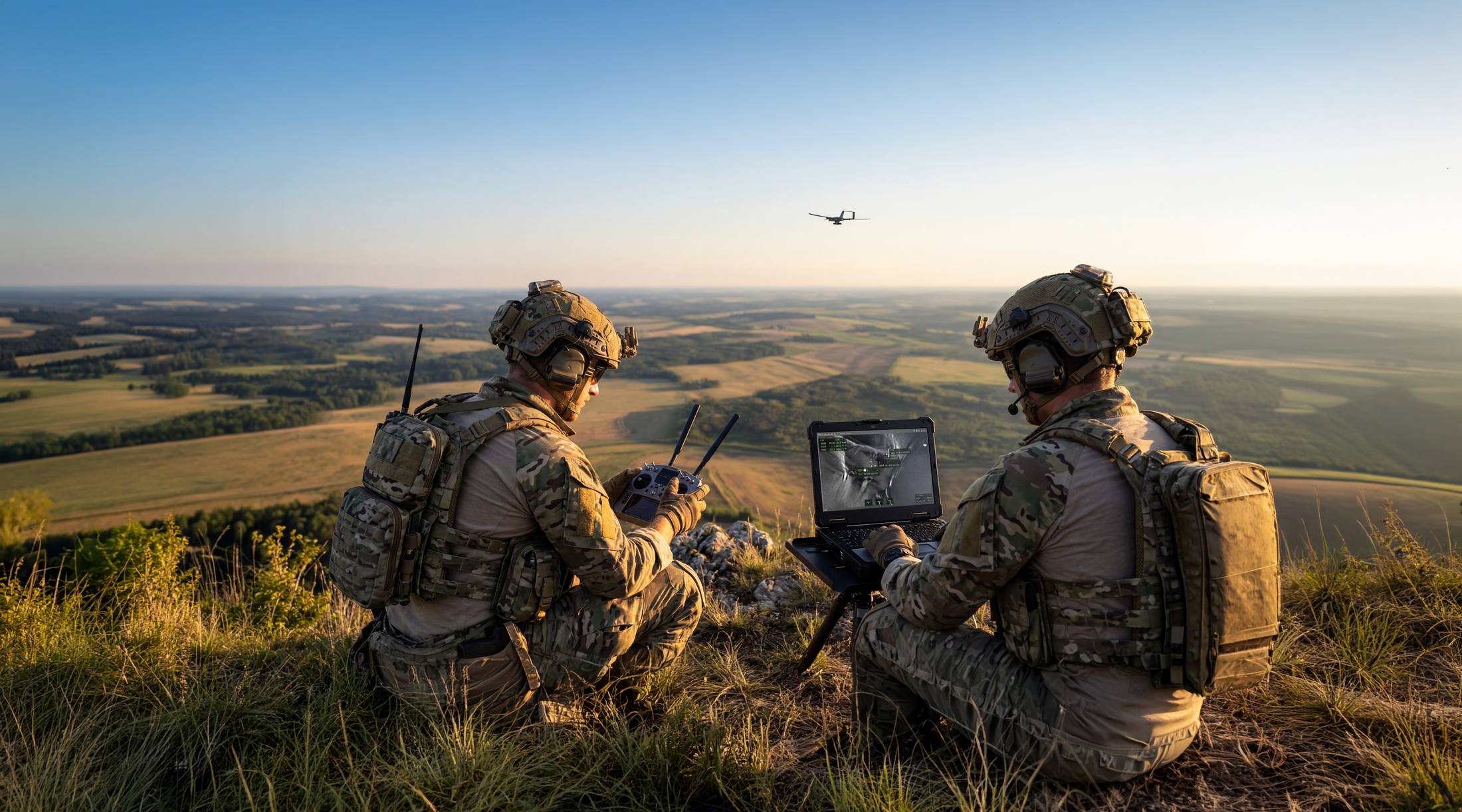 Two operators on a ridge at first light, one flying a small fixed-wing aircraft, the other reading its sensor feed on a rugged laptop.
